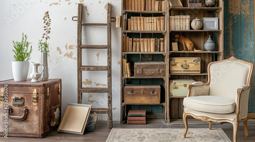 Vintage-inspired cozy reading corner with antique books and rustic decor, perfect for home interior design websites or lifestyle blogs