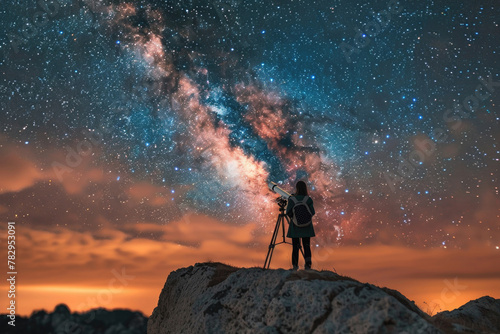 An astronomer peers through a telescope, the Milky Way a dazzling backdrop, in a moment of solitude and discovery.