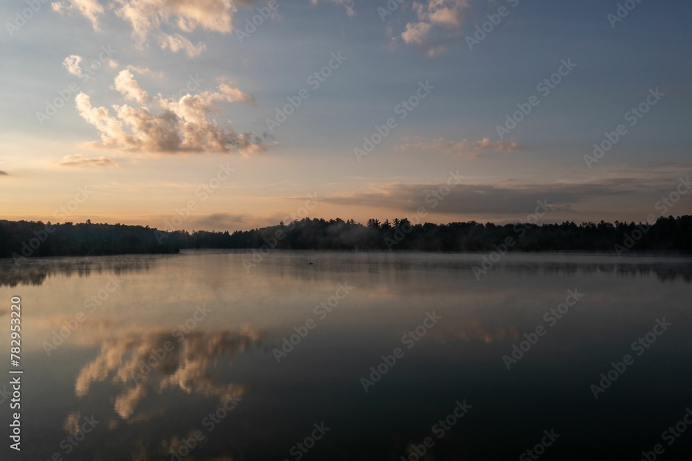 Beautiful view of a lake with a reflection of the sunset sky
