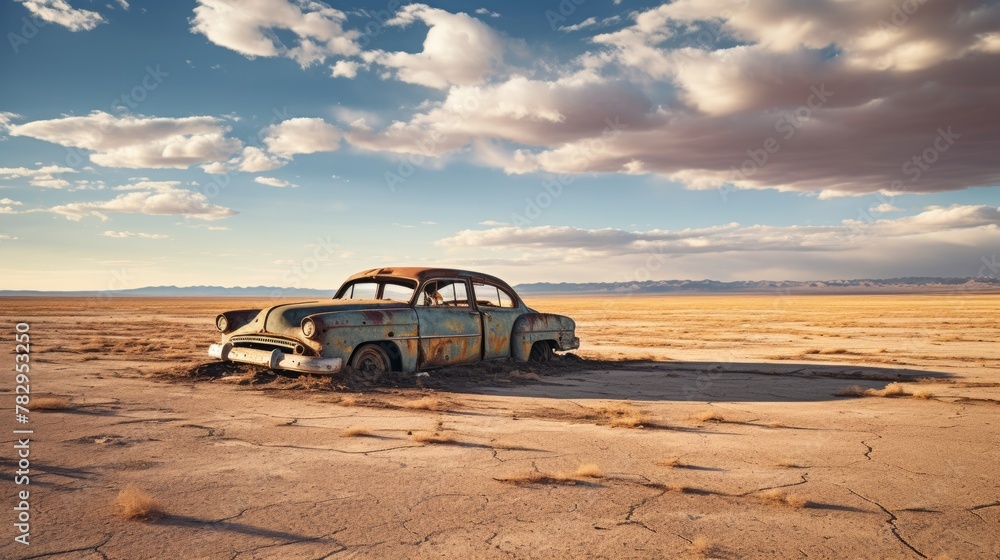Rusty vehicle in barren landscape