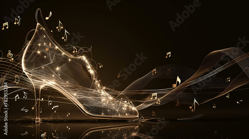 Enchanting golden shoe with musical notes for a magical themed event or performance. Ideal for concert promotions or fantasy-themed designs