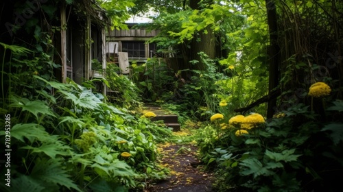 Untamed garden with lush greenery in disuse photo