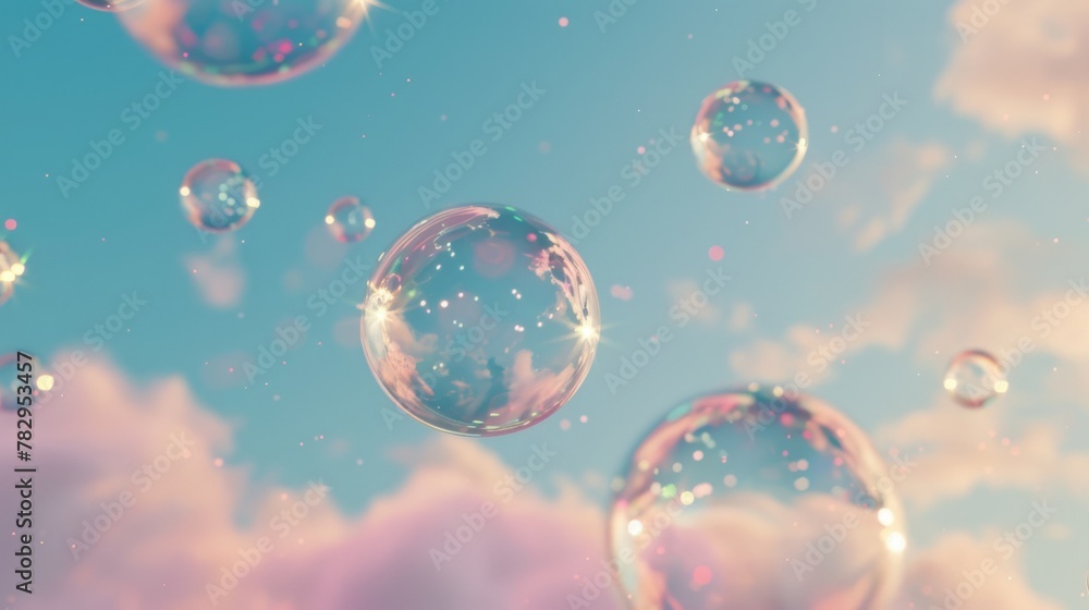 Serene Sky with Sparkling Soap Bubbles Floating Gracefully