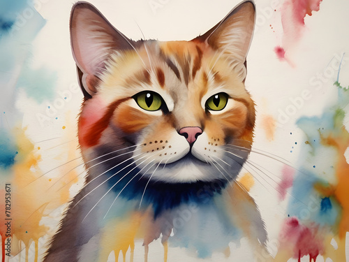 Amazing Illustrations Abstract painting concept. Colorful artistic cat in dangrous mood on lines and curves background. Animals. water color photo