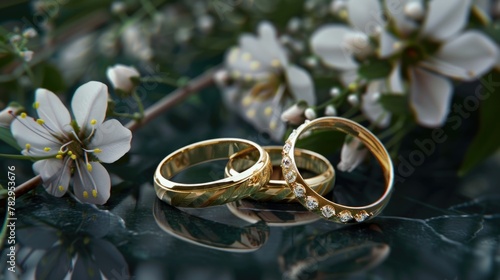 Two wedding rings placed on a table. Perfect for wedding and love concepts