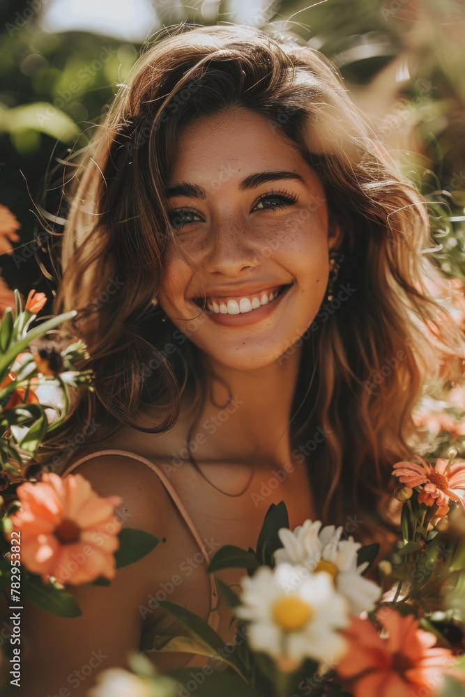 A beautiful woman holding flowers and smiling happily A beautiful woman holding flowers and smiling happily
