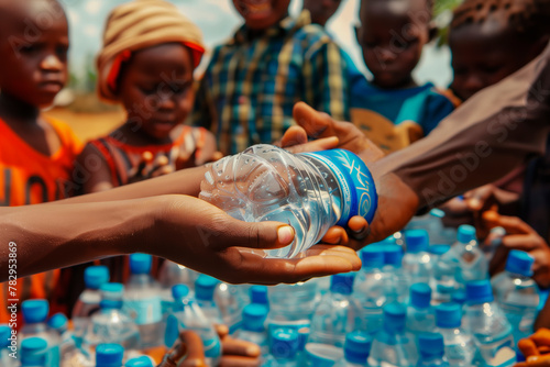 Close-up of a volunteer's hands giving clean water to African children