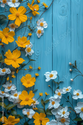 Vibrant Yellow and White Flowers on a Blue Wooden Background © smth.design