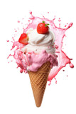 Delicious ice cream vanilla and strawberry explosion, cut-out, Ice cream in the cone isolated on of transparent background, PNG file with clipping path.