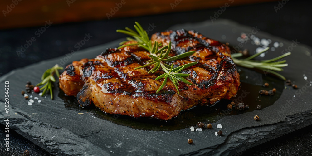 Juicy Grilled Steak with Rosemary and Peppercorns on Slate Juicy Grilled Steak with Rosemary and Peppercorns on Slate