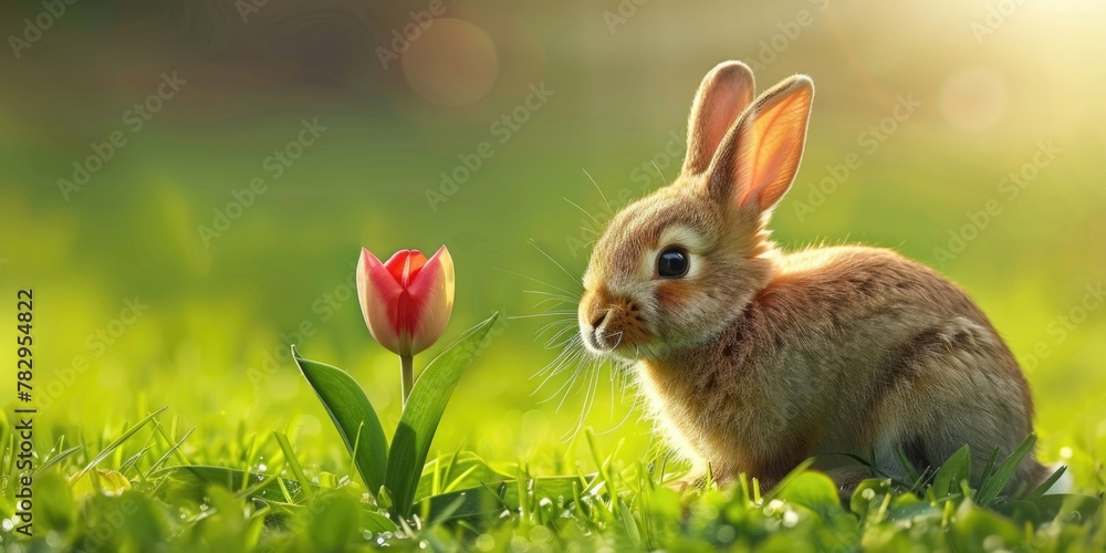 A rabbit sitting in the grass next to a beautiful flower. Ideal for nature and wildlife themes A rabbit sitting in the grass next to a beautiful flower. Ideal for nature and wildlife themes