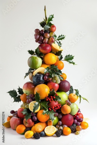 A unique Christmas tree made out of colorful fruits and vegetables. Perfect for holiday food and decoration concepts