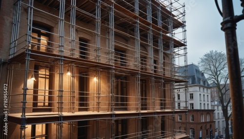 Scaffolding wraps around an urban building under renovation, captured in the soft light of dawn, symbolizing potential and progress.. AI Generation © Anastasiia