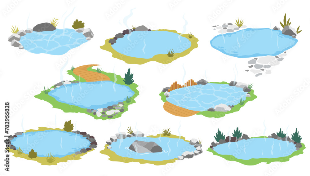 Japanese outdoor onsen pool with hot spring water vector illustration. Cartoon isolated traditional pond with rocks of spa resort in Japan, natural geothermal onsen bath for relax and bathing Japanese outdoor onsen pool with hot spring water vector illustration. Cartoon isolated traditional pond with rocks of spa resort in Japan, natural geothermal onsen bath for relax and bathing