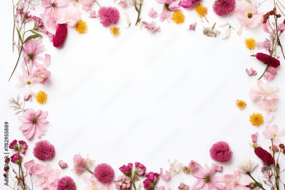 Beautiful floral arrangement creating a delicate frame with assorted pink flowers on a white background. Floral Frame with Pink Blossoms and Copy Space Beautiful floral arrangement creating a delicate frame with assorted pink flowers on a white background. Floral Frame with Pink Blossoms and Copy Space