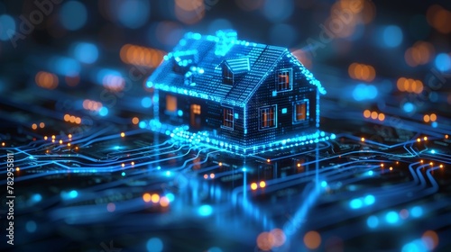 The smart house technology system banner is composed of digital data and is connected to domestic smart devices via cloud storage. The smart house is controlled by digital data and IoT communications