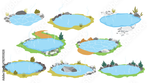 Japanese outdoor onsen pool with hot spring water vector illustration. Cartoon isolated traditional pond with rocks of spa resort in Japan, natural geothermal onsen bath for relax and bathing