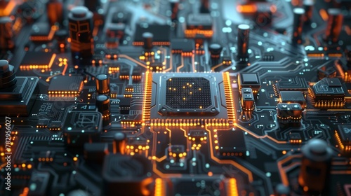 Cyberpunk AI render in 3D. Circuit board. Technology background. CPU and GPU. Motherboard digital chip. Computer engineering background.