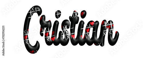 Cristian - black color with tic tac toe game with red hearts -name - three-dimensional effect tubular writing - Vector graphics - Word for greetings, banners, card, prints, cricut,, sublimation	