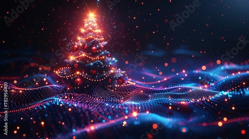Computer tech style Christmas and New Year banner. Isometric Christmas tree with ornament balls. Digital technology business congratulations card.