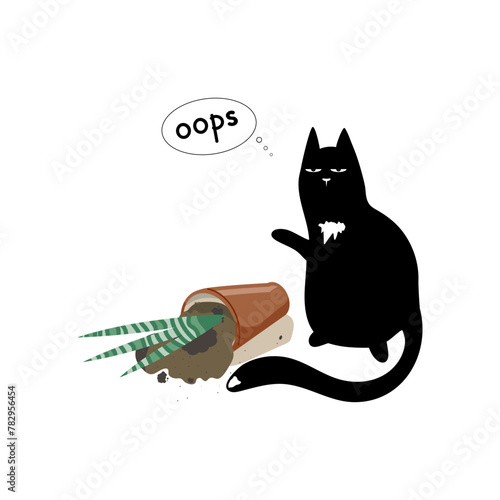 Vector illustration of cat and flowerpot. A black cat overturned a pot with a house plant. A pet, feline antics.
