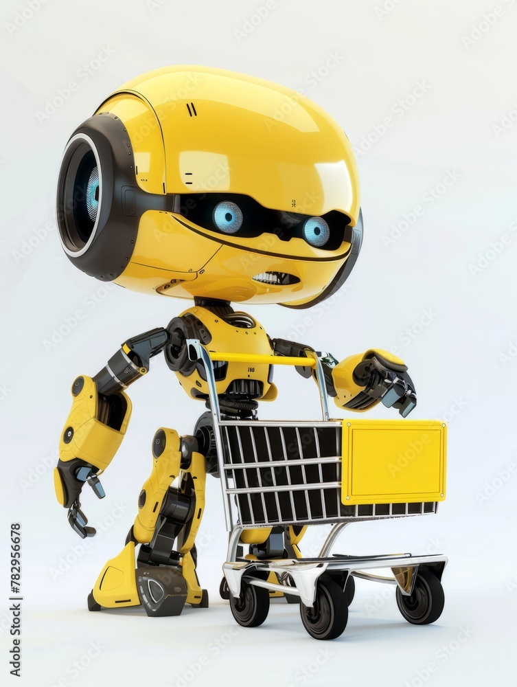 a small yellow chat robot posing with a shopping cart, set against a white isolated background a small yellow chat robot posing with a shopping cart, set against a white isolated background