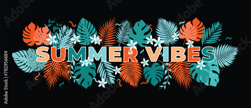 Vector text decorated with tropical multi colored leaves summer vibes print for a T shirt t shirt clothing inscription for abanner vector file design elements on a black background on the theme summer photo