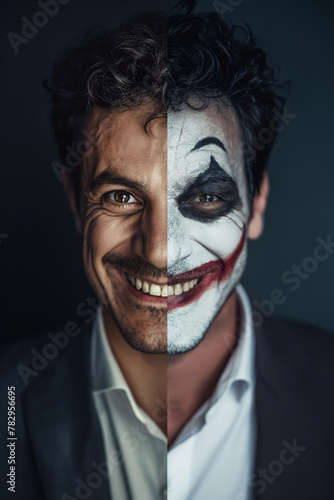 A man wearing a suit with a clown face paint design. Duo personality