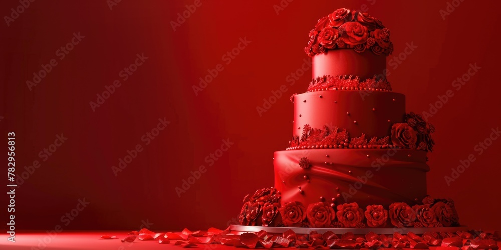 A beautiful red wedding cake adorned with roses. Perfect for wedding and celebration concepts - obrazy, fototapety, plakaty 