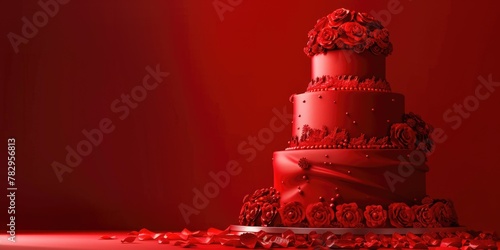 A beautiful red wedding cake adorned with roses. Perfect for wedding and celebration concepts