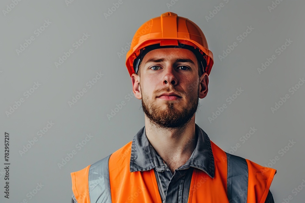 Portrait of young worker in helmet and safety vest on grey background Portrait of young worker in helmet and safety vest on grey background