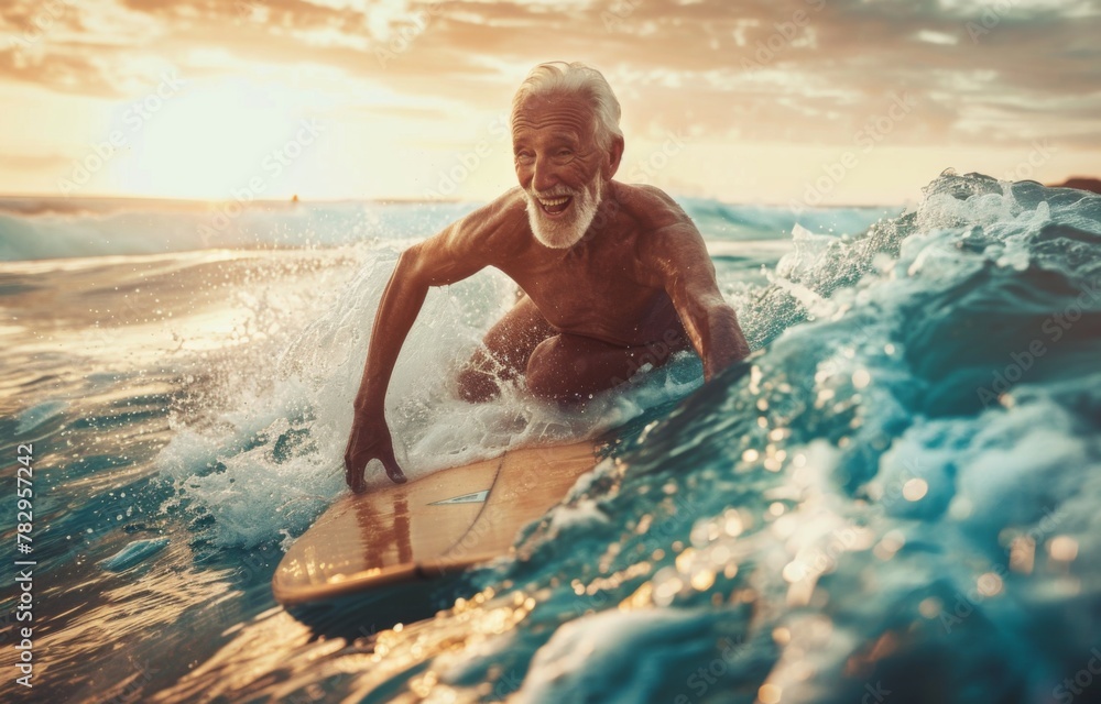 The image captures a senior male surfer riding a wave during a stunning sunset, showcasing the vitality of older athletes