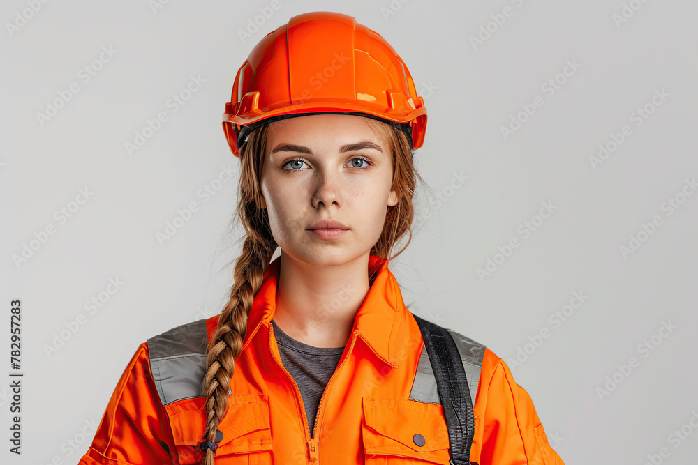Portrait of young worker in helmet and safety vest on white background Portrait of young worker in helmet and safety vest on white background