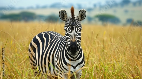 Captivating Zebra Blending into Vibrant African Grassland Landscape Striking Natural Camouflage in Serene Safari Setting