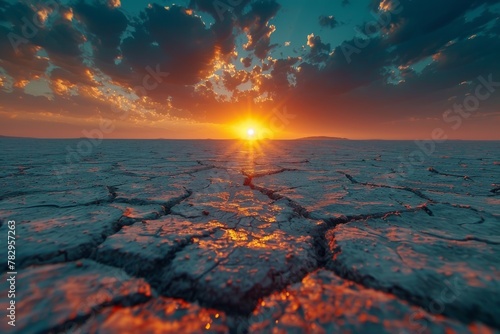 A radiant sunset hovers above a cracked and parched desert, casting warm colors and highlighting the texture
