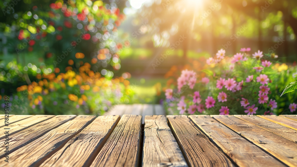 Mockup wooden board surface in the garden with blurred nature background. Mockup wooden board surface in the garden with blurred nature background.