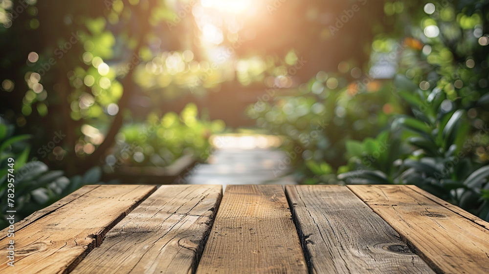 Mockup wooden board surface in the garden with blurred nature background. Mockup wooden board surface in the garden with blurred nature background.