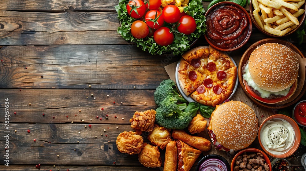 Assortment of take out or delivery foods. Pizza, hamburgers, fried chicken and sides. Double side border. Top view on a white wood banner background.copy space Assortment of take out or delivery foods. Pizza, hamburgers, fried chicken and sides. Double side border. Top view on a white wood banner background.copy space