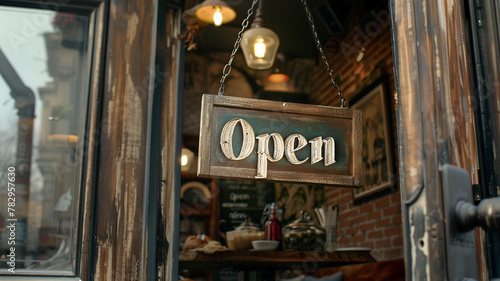 Open sign board hanging on wood door front of cafe shop