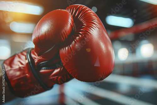 Leather boxing glove on boxer hand on blurred gym background