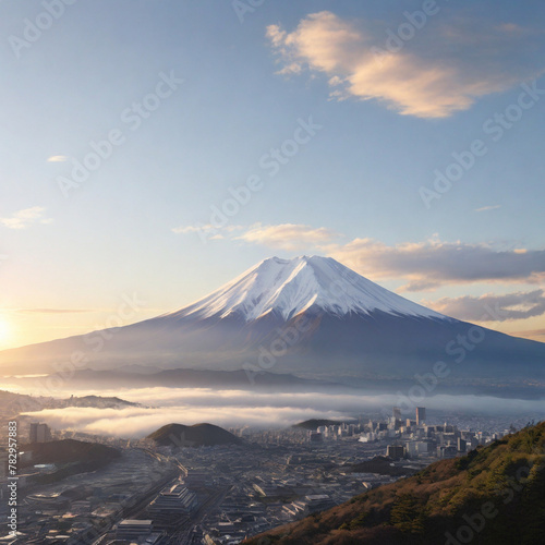 富士山、景色、朝、日本、美しい