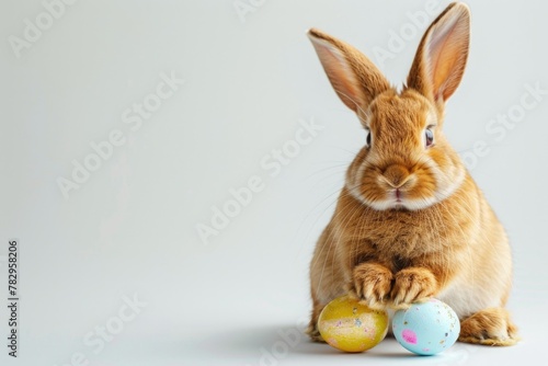 Brown rabbit sitting next to two colored eggs. Perfect for Easter designs