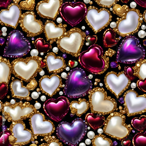 beautiful seamless pattern of pearl gold ivory ruby amethyst heart, sharp detailed vector illustration wallpaper, generative AI 