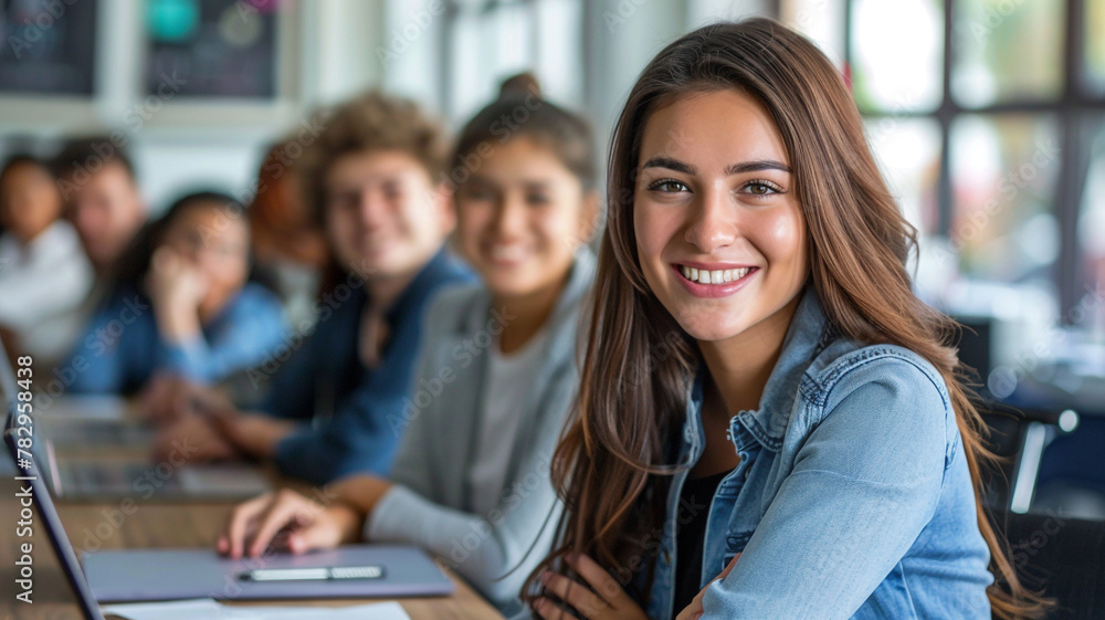 smiling business woman sitting at a table with a group of young people in an office