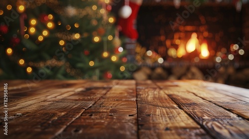 Festive wooden table in front of a Christmas tree, perfect for holiday-themed designs