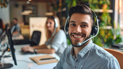 Smiling man call center operator with headset and female agent working in the background at office