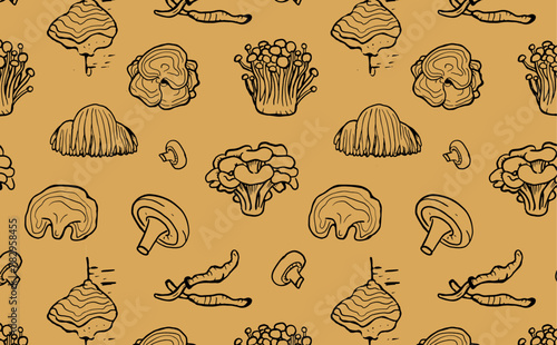Seamless pattern of hand drawn medicinal mushrooms on yellow background. Chaga, reishi, shitaki, cordyceps, turkey tail and lions mane mushroom illustration.