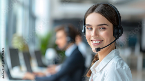 Smiling woman call center operator with headset and male agent working in the background at office