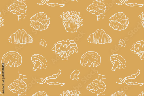 Seamless pattern of hand drawn medicinal mushrooms on yellow background. Chaga, reishi, shitaki, cordyceps, turkey tail and lions mane mushroom illustration.