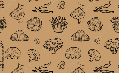 Seamless pattern of hand drawn medicinal mushrooms on beige background. Chaga, reishi, shitaki, cordyceps, turkey tail and lions mane mushroom illustration.